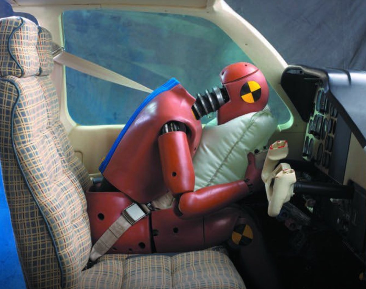 Crash test equipment demonstrating airbag deployment