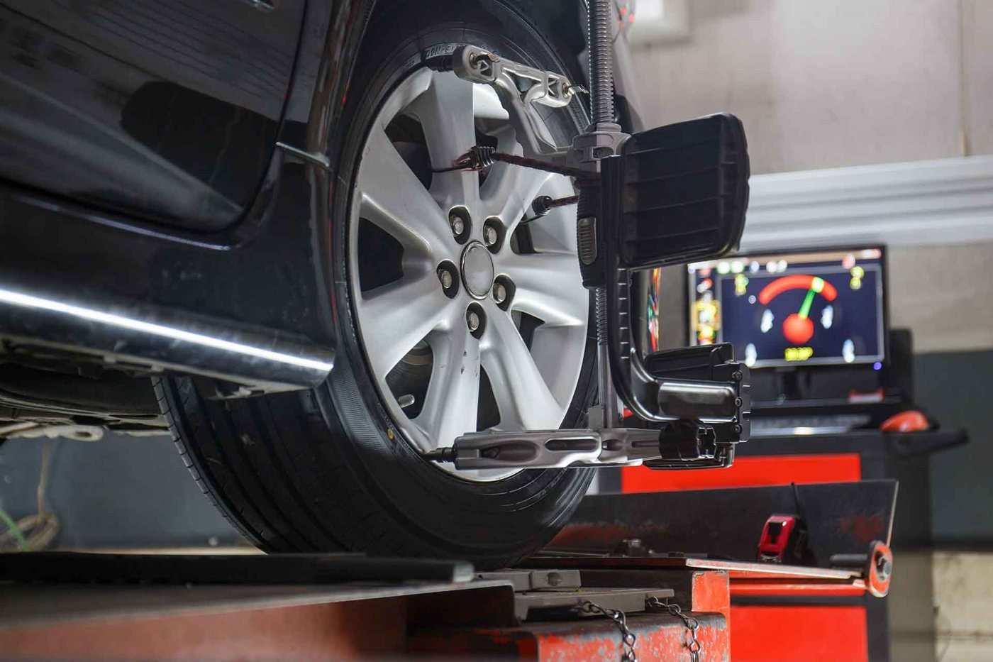 A wheel on a computerised alignment rig